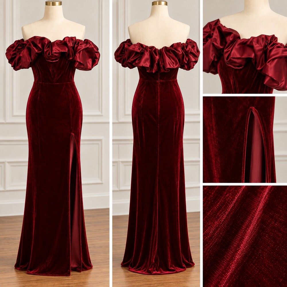 NWT B Darlin Wine Velvet Ruffle Off Shoulder Gown 3/4